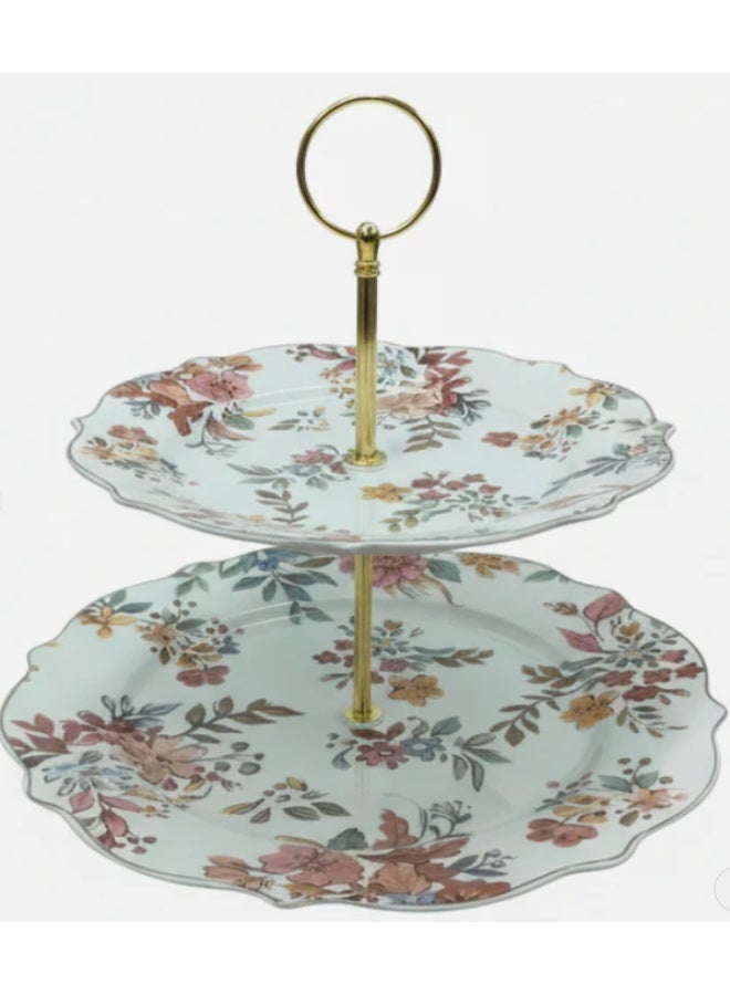 AKDC Luhpar White Ceramic 2 Tier Cake Stand 7.5 / 10.5 Inch with Floral Design - Image 1